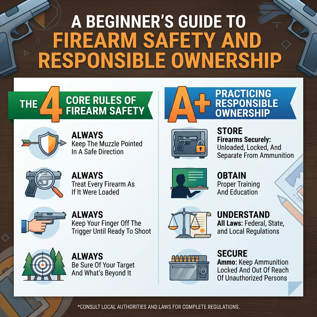 Infographic titled A Beginner’s Guide to Firearm Safety and Responsible Ownership